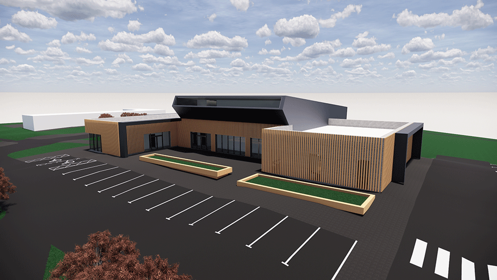 An artists 3D impression of the new centre at Pomeroy Forest showing parking facilities.