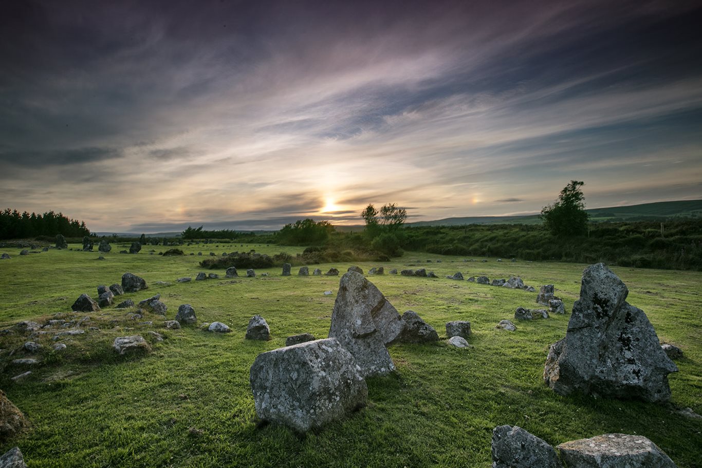 An image of the setting sun at Beaghmore Stone Circles