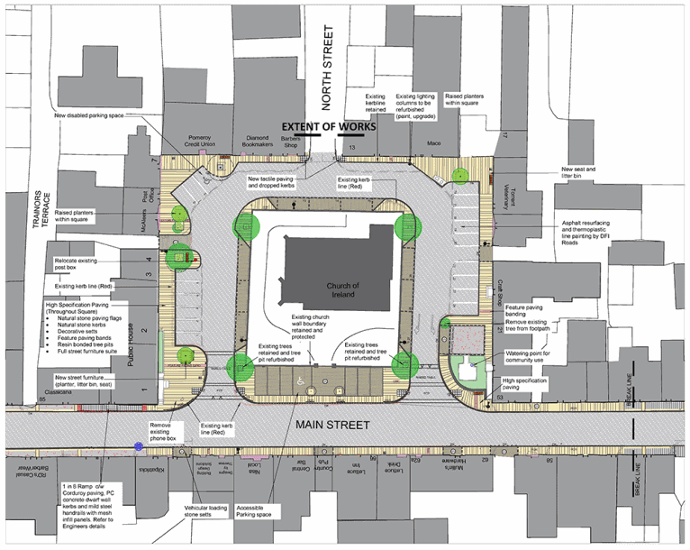 A map of the landscape proposals for the Pomeroy Public Realm Scheme. A map of the landscape proposals for the Pomeroy Public Realm Scheme.
